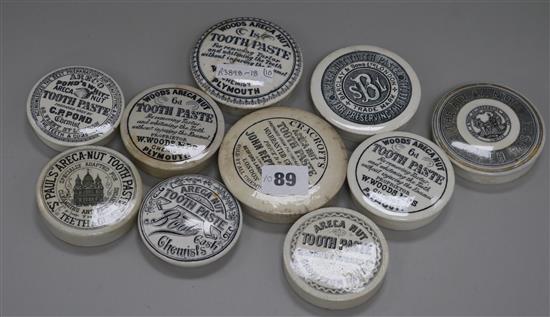 Ten Victorian Areca Nut toothpaste pot lids, including St Pauls and Army & Navy Co-operative Society